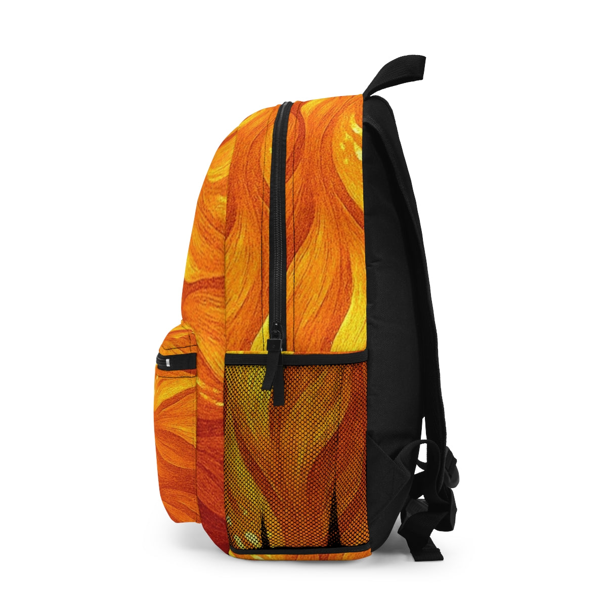 Left side view showing bold orange waves and high-contrast golden accents, mesh side pocket in black for balance