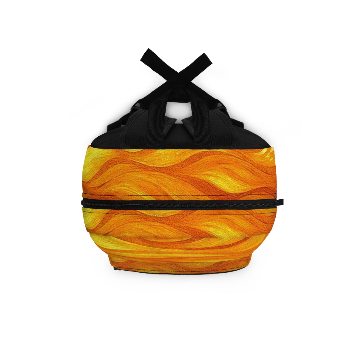 Top-down view of the backpack with vivid orange tones and yellow wave trails; black loop handle at the center