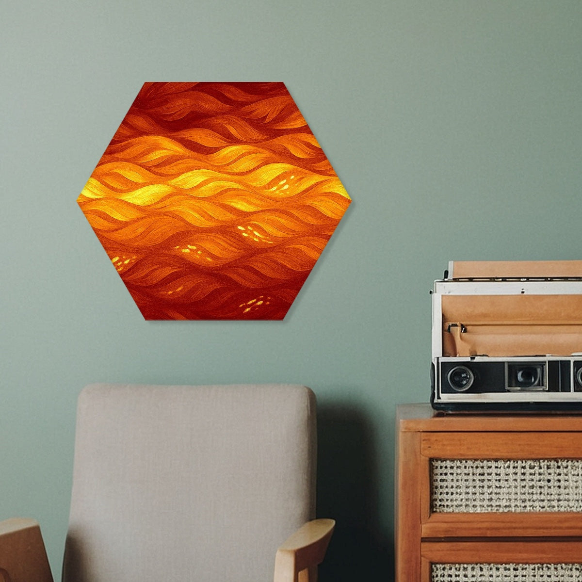 Orange and amber variant of Gilded Amethyst Currents, hexagonal acoustic panel glowing with fiery tones on a sage wall.