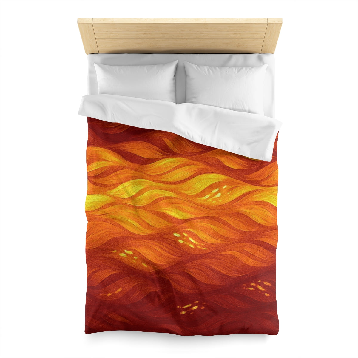 Twin size duvet cover in Orange – Amber with white lining, wrapped in golden light and deep orange shadows