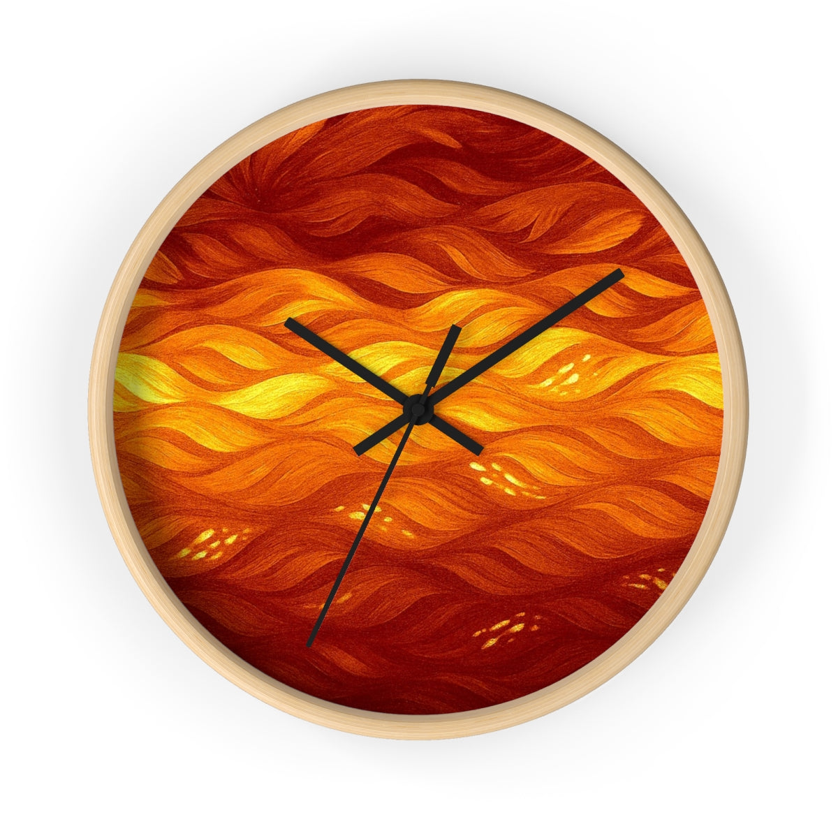 Round wooden wall clock in a natural maple-tone frame, black hour/minute/second hands, and a plexiglass face featuring warm golden-yellow to amber gradient waves