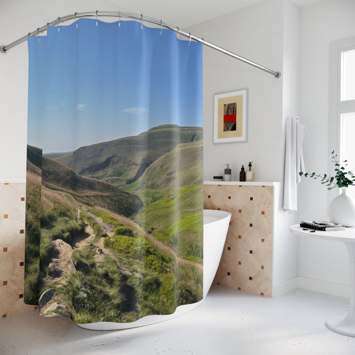 Scenic Highland Trails curtain on a curved rod around a bathtub, showing the sunlit hillside path in a bright bathroom
