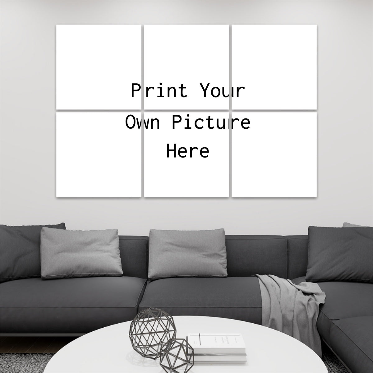 Modern living room with six panel mockup above gray sofa showing Print Your Own Picture sample Photo On Acoustic Wall Panels
