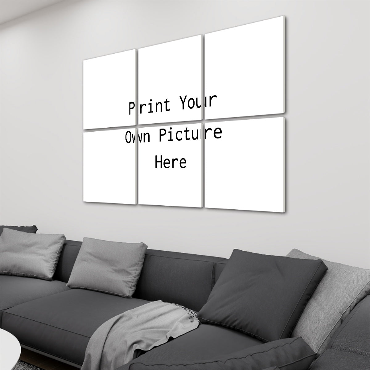 Photo On Acoustic Wall Panels six panel white mockup above gray sectional sofa in modern living room
