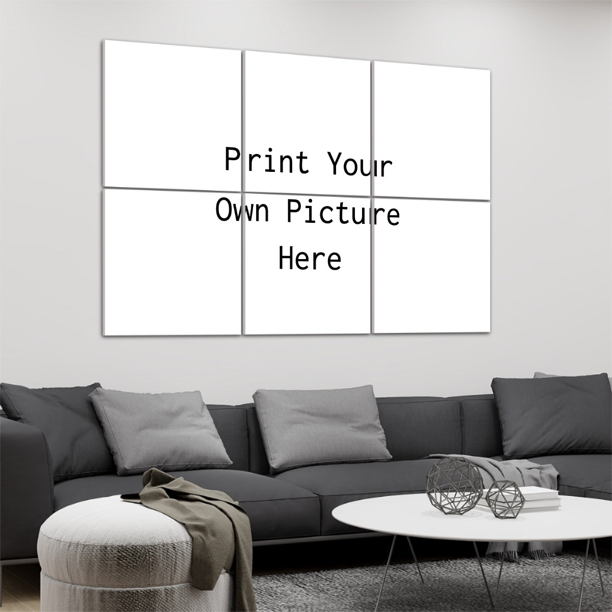 Photo On Acoustic Wall Panels mockup of six white panels forming grid above gray sofa in modern living room