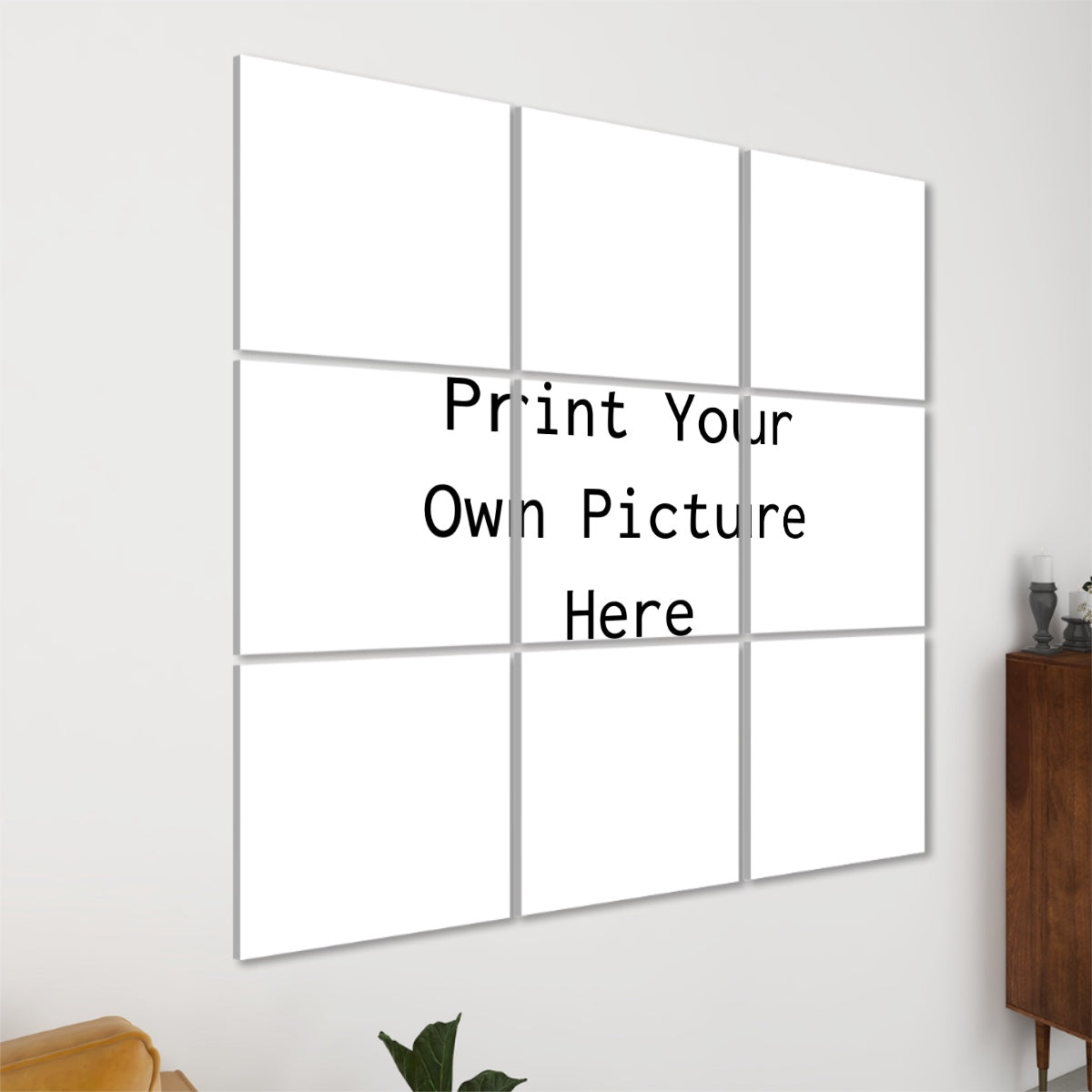 Print Your Own Photo Acoustic Panels nine white 3x3 wall panel display in living room setting