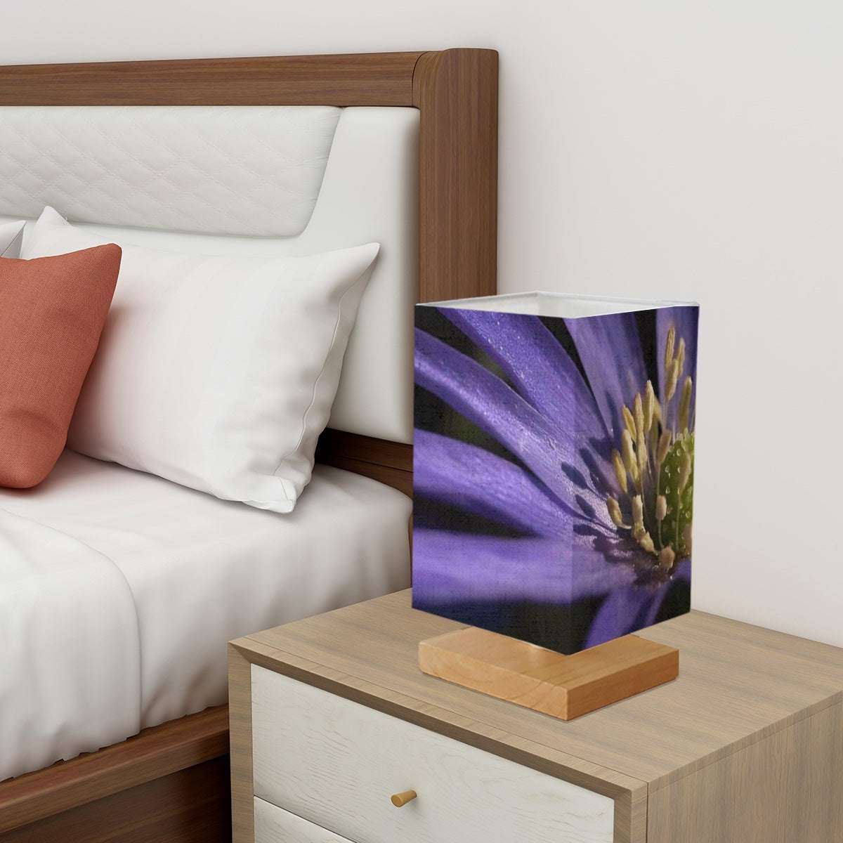Square Table Lamp featuring purple anemone close up size: 5.5''x5.5''x11''