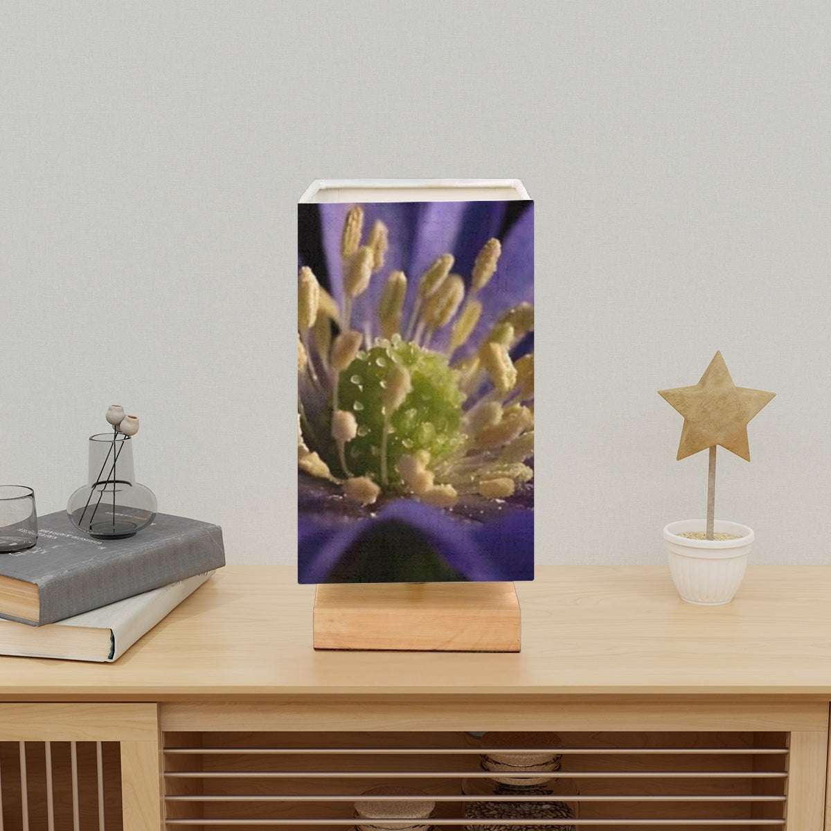 Square Table Lamp featuring purple anemone close up size: 5.5''x5.5''x11''
