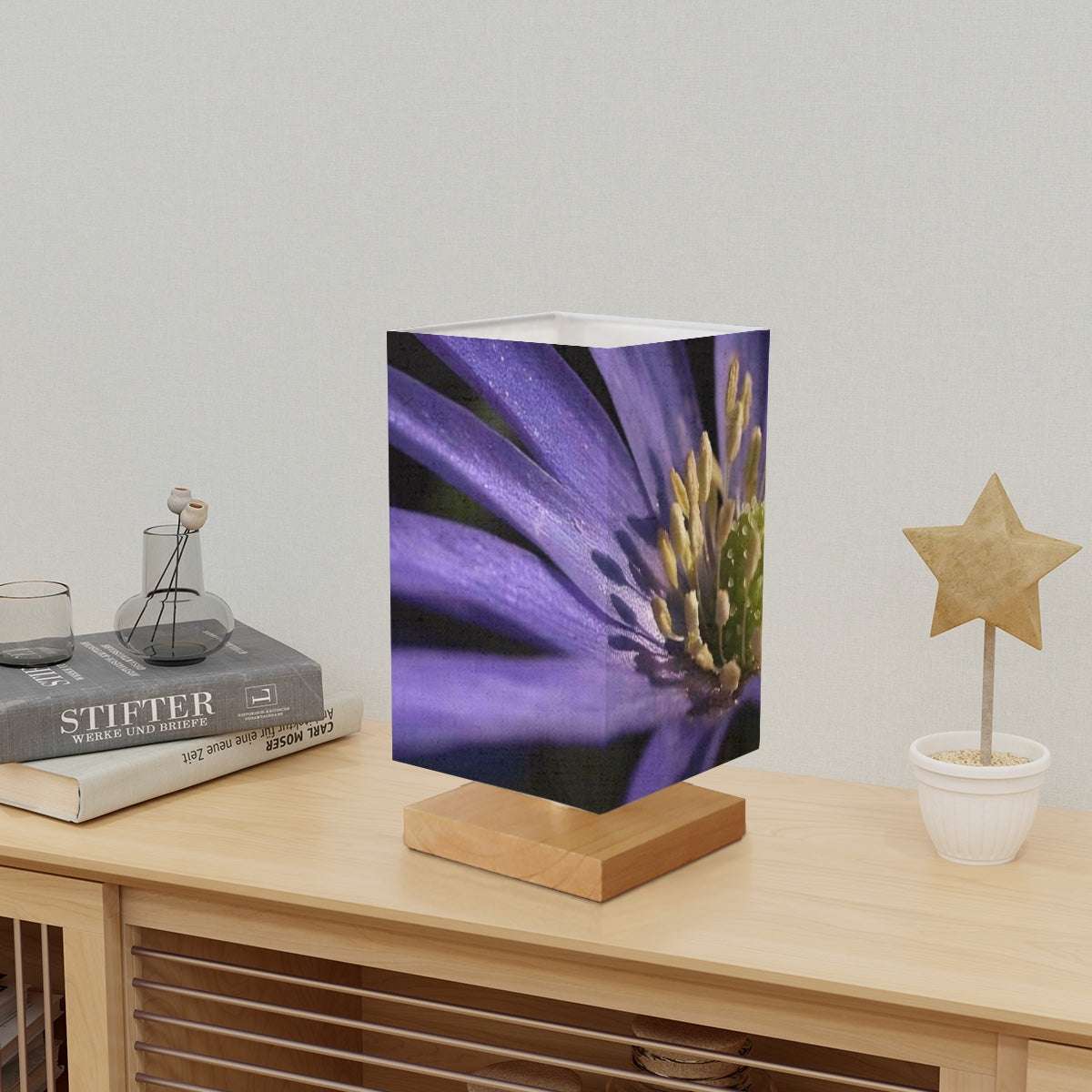 Square Table Lamp featuring purple anemone close up size: 5.5''x5.5''x11''