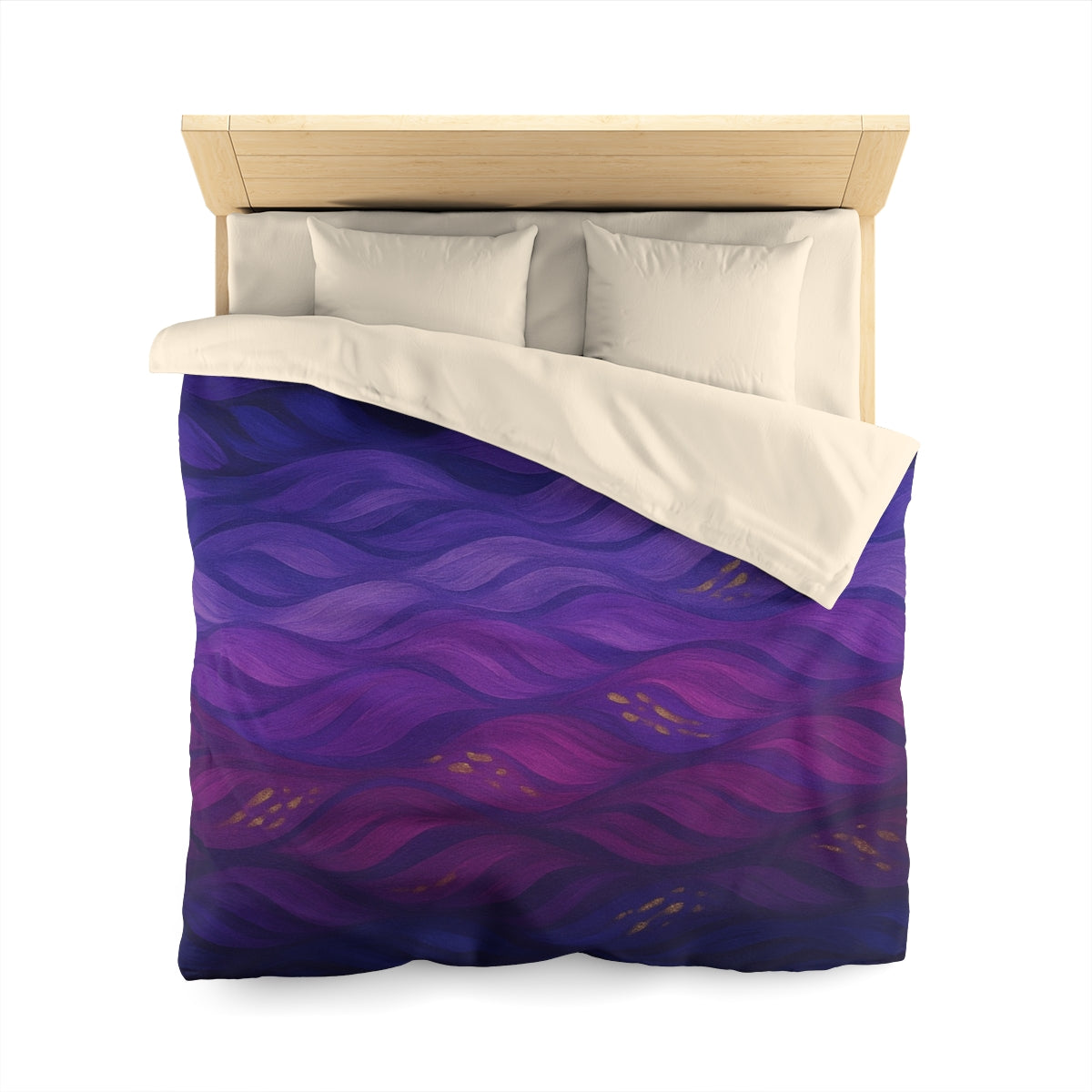 Queen size duvet cover in Full Color with cream lining, sweeping purple to blue gradient and gold highlights