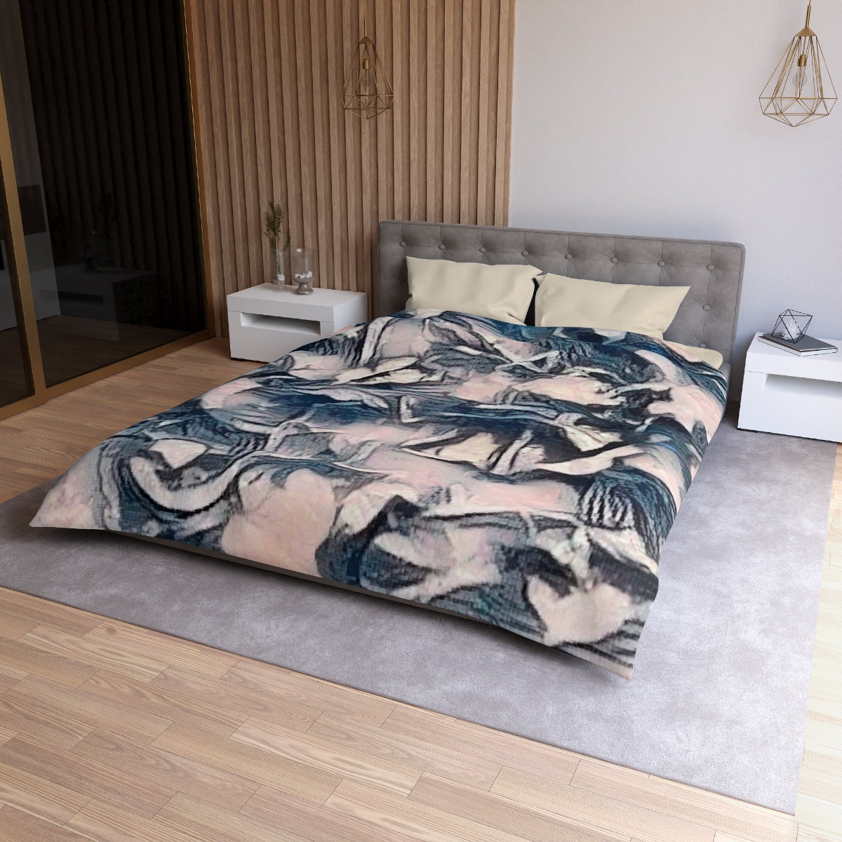 Queen size Slate Lace duvet cover with cream lining, fluid abstract design in lace-like slate blue and muted blush hues