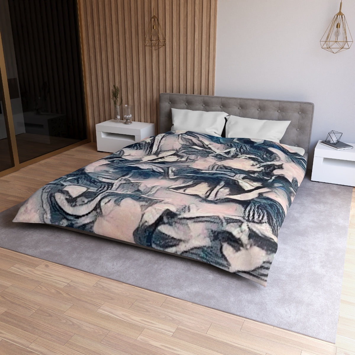 Queen size Slate Lace duvet cover with white lining, fluid abstract design in lace-like slate blue and muted blush hues