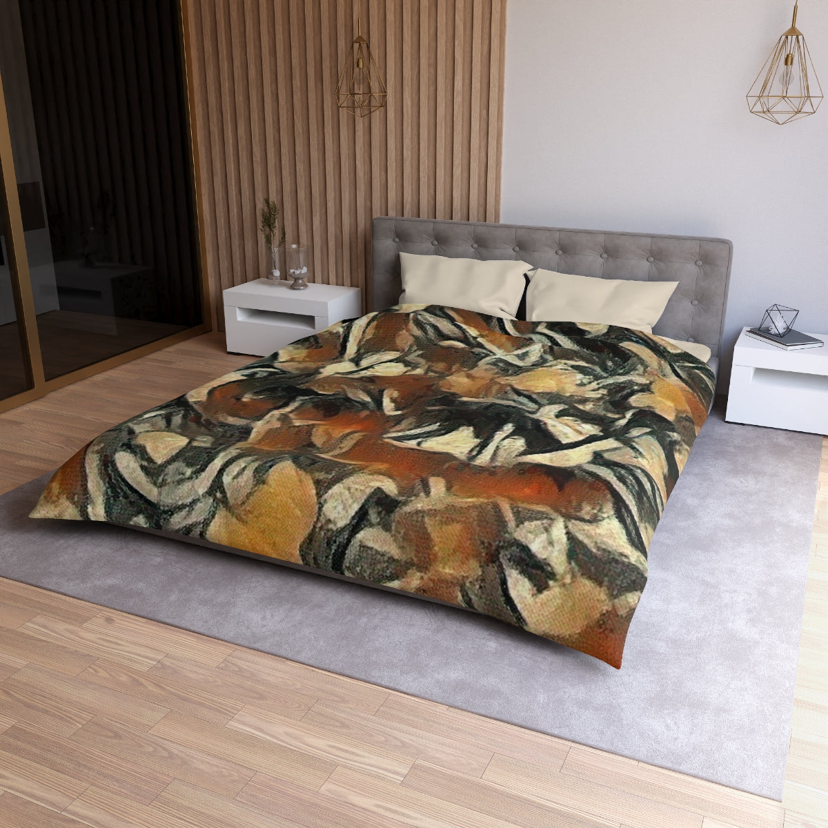 Queen size Terra Cadence duvet cover with cream lining, warm abstract pattern with natural autumn tones and rustic texture