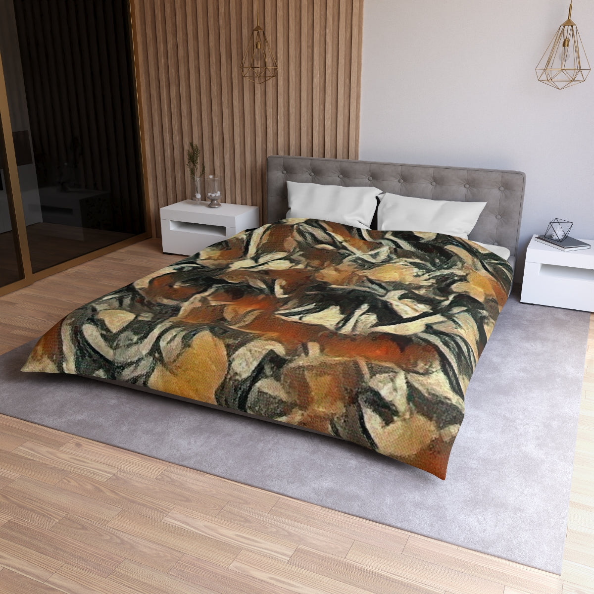 Queen size Terra Cadence duvet cover with white lining, warm abstract pattern with natural autumn tones and rustic texture