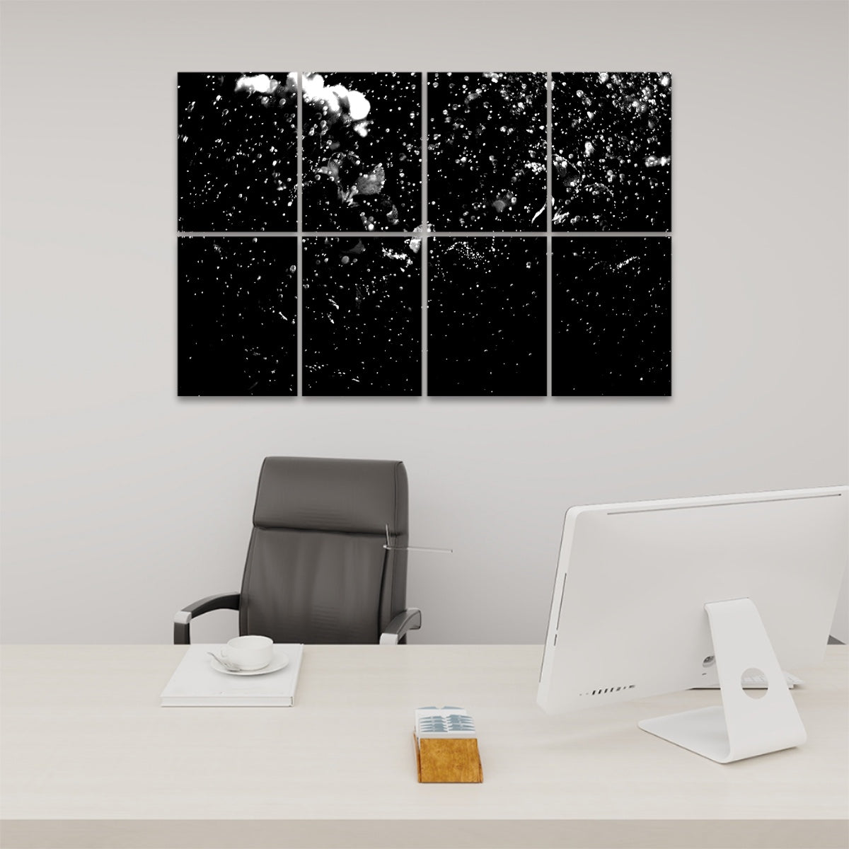 High-contrast black and white version of rain-soaked flowers printed across 8 acoustic wall panels.