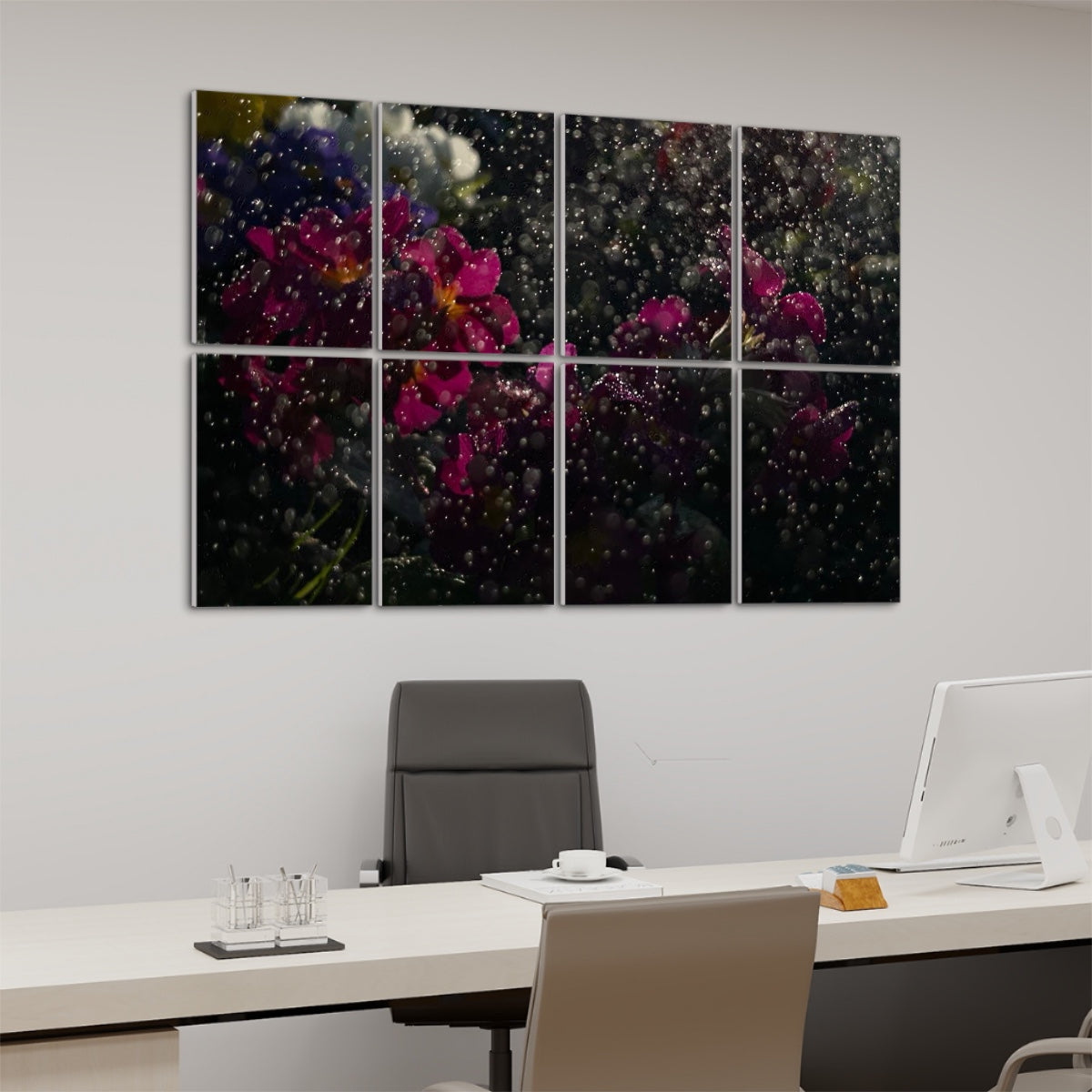 Angled left side view of 8 decorative sound absorbing panels featuring vivid rain-drenched flowers with rich color and reflective water droplets.