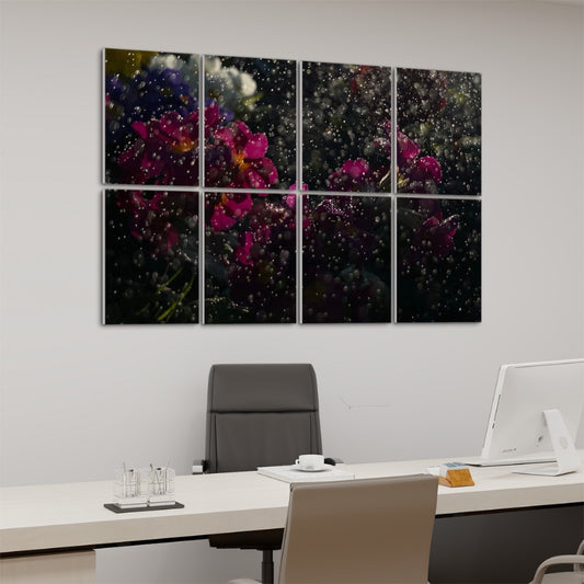 Angled left side view of 8 decorative sound absorbing panels featuring vivid rain-drenched flowers with rich color and reflective water droplets.