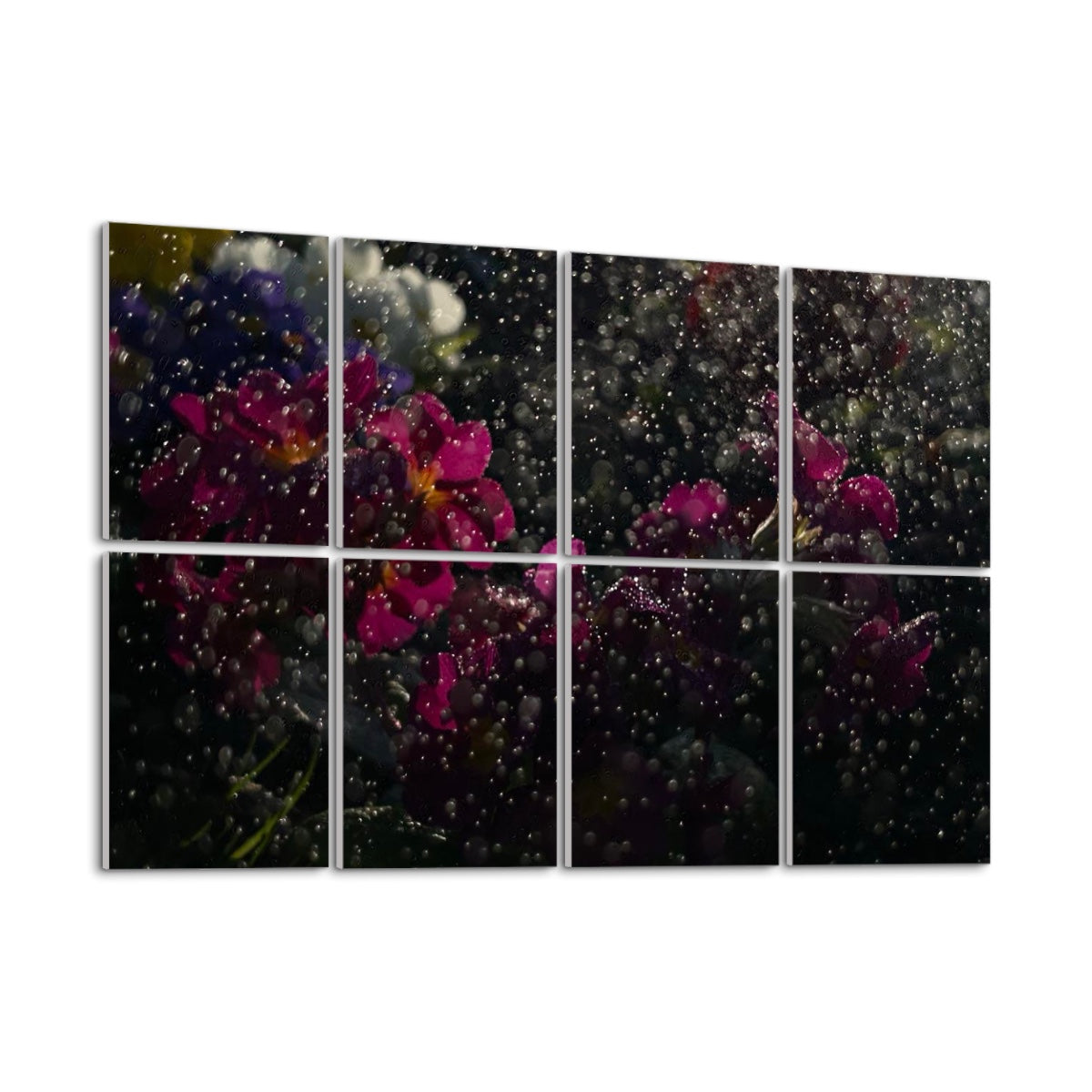 Angled left side view of 8 decorative sound absorbing panels featuring vivid rain-drenched flowers with rich color and reflective water droplets.
