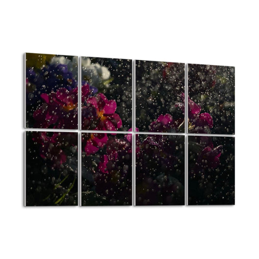 Angled left side view of 8 decorative sound absorbing panels featuring vivid rain-drenched flowers with rich color and reflective water droplets.