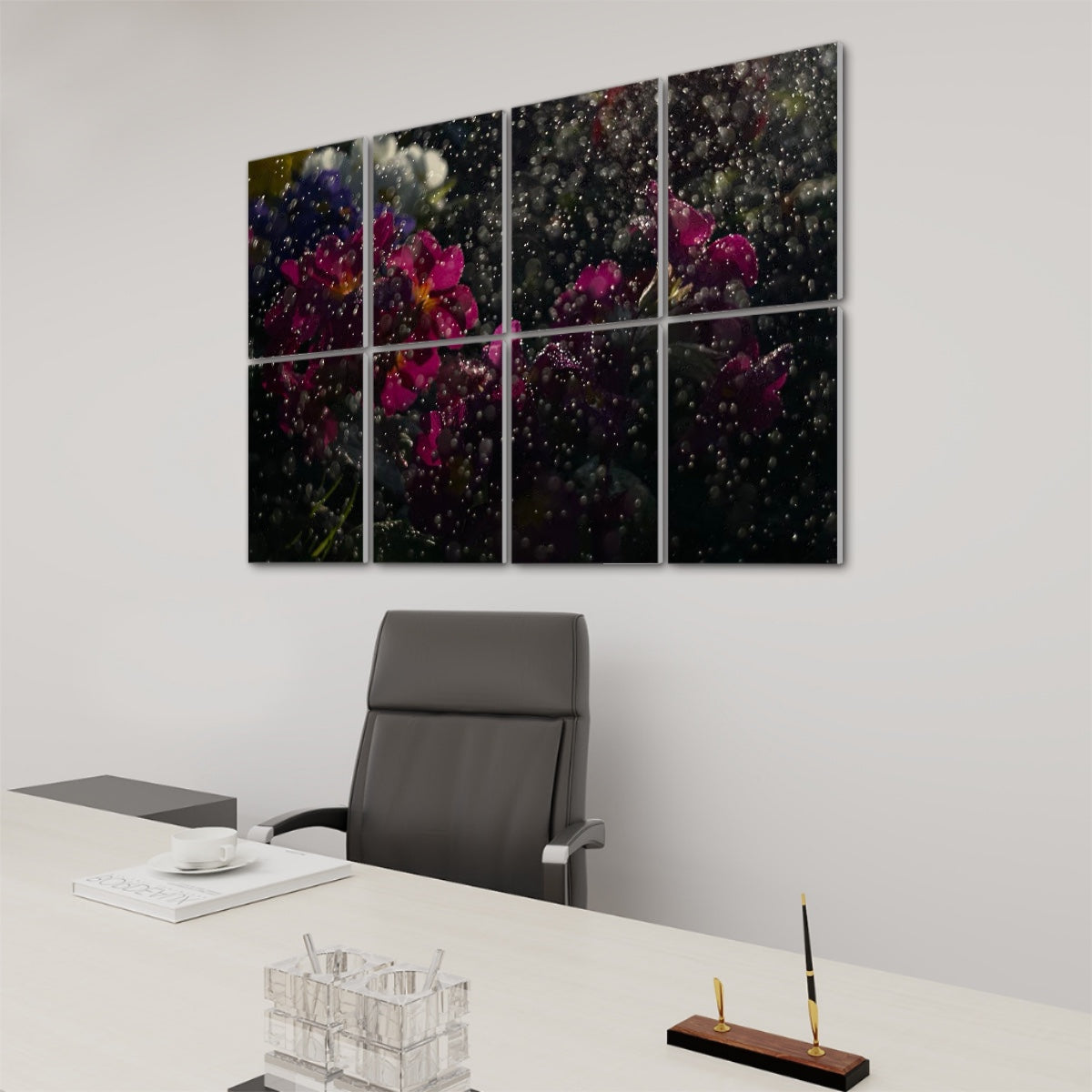 Angled right side view of full color floral wall art printed on 8 sound absorbing panels, showing water-speckled petals and depth across the layout.