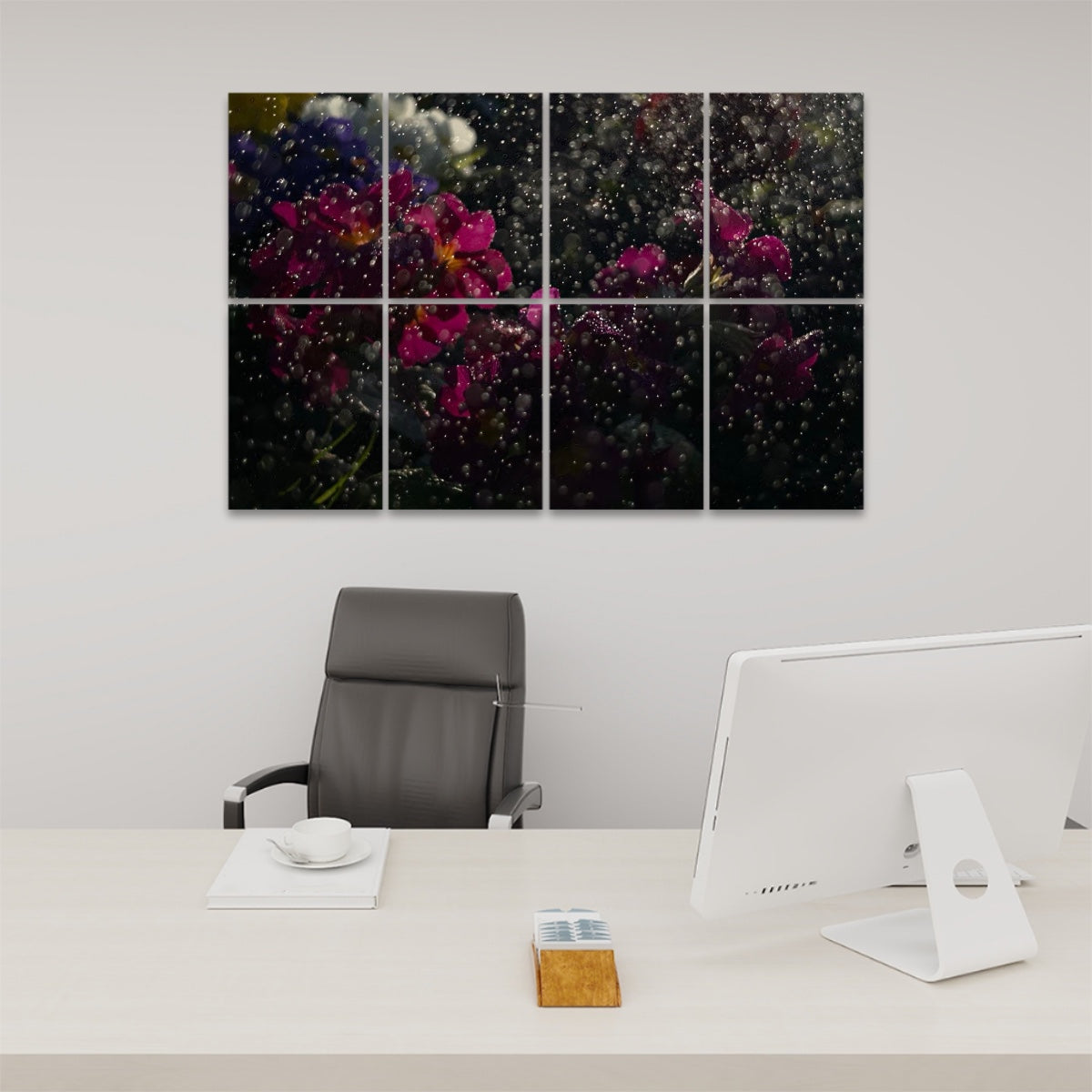 ivid floral close-up of water-drenched blooms in pink, purple, and white, printed on 8 decorative sound absorbing panels.