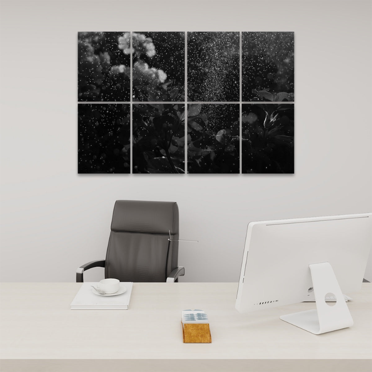Soft grayscale floral wall art with rain droplets on petals, printed on 8 sound absorbing panels.