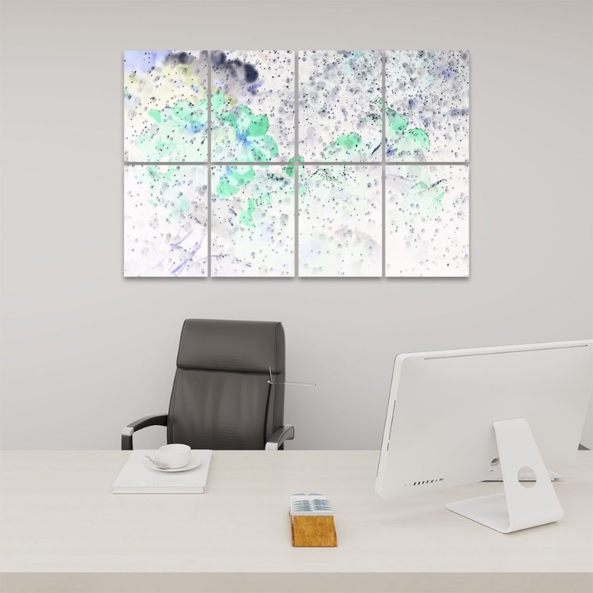 Inverted color variant of water-speckled flowers on 8 acoustic panels, giving a bold and surreal aesthetic.