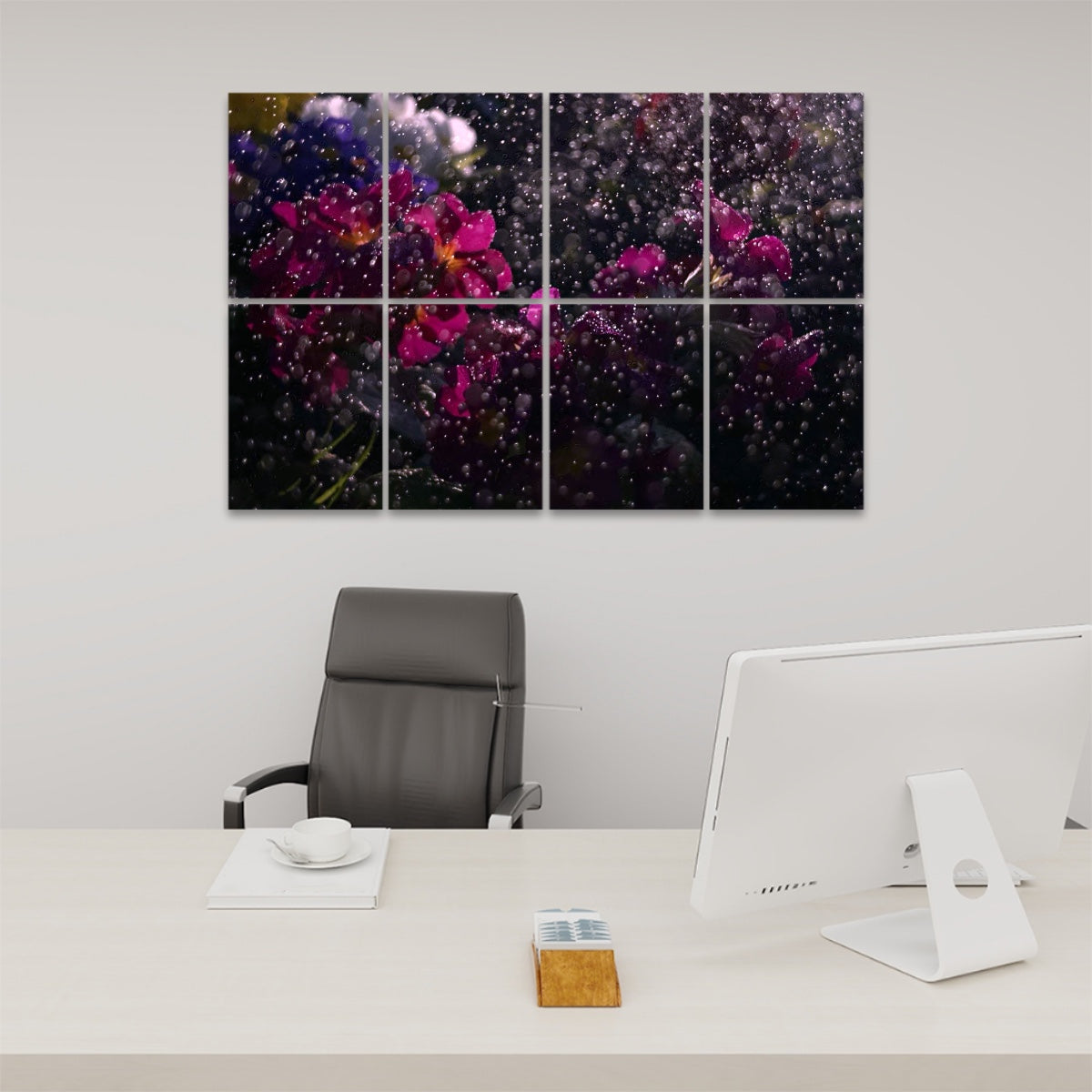 Vintage-style polaroid version of rain-covered flowers, softened tones and creamy highlights printed on 8 acoustic panels.