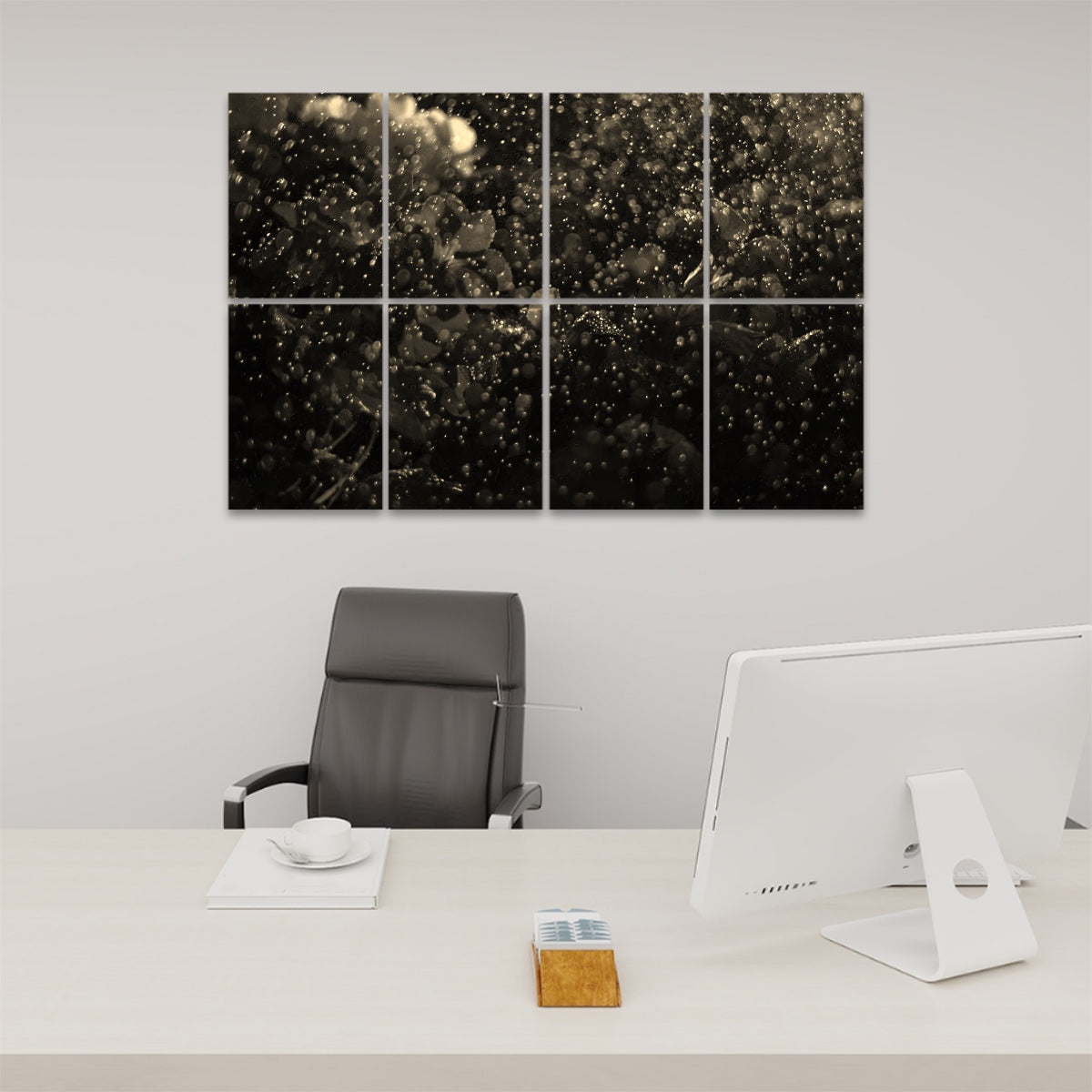 Sepia-toned floral wall panels showing rain-covered petals in warm, nostalgic hues across 8 sound absorbing panels.
