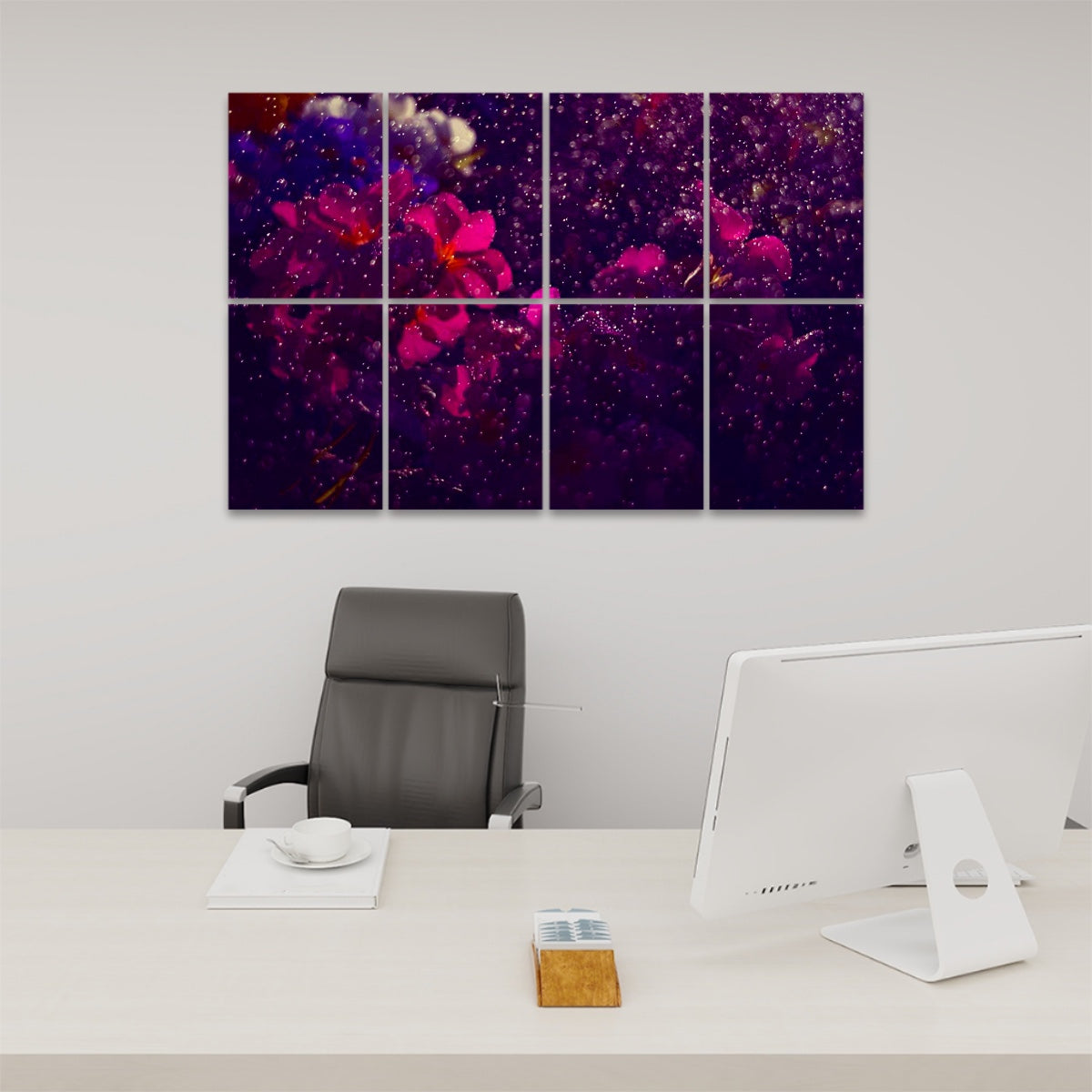 Bold technicolor variant of vibrant blossoms under droplets, highly saturated and printed across 8 acoustic wall panels.