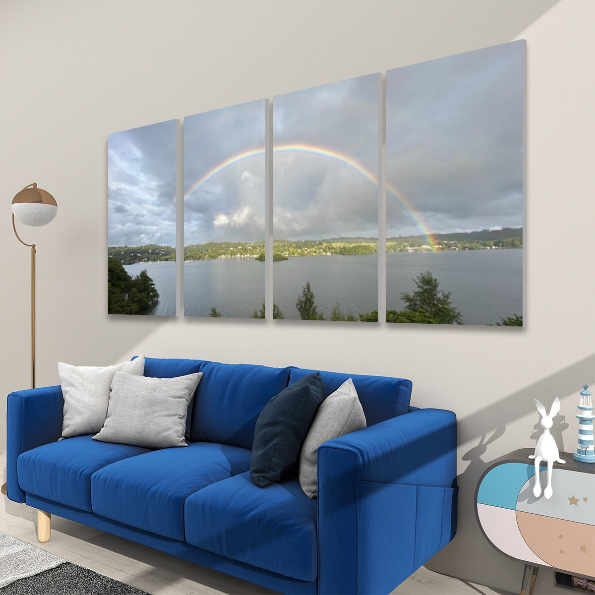 Papis Canvas 4 Decorative Sound Absorbing Panels Featuring Rainbow in Stormy Sky wall panels above blue sofa