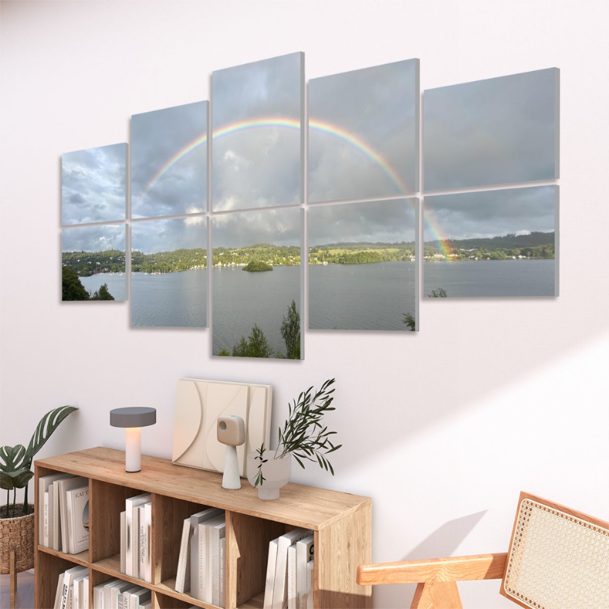 Rainbow Landscape 10 Decorative Sound Absorbing Panels wall art showing lake and full rainbow over trees in living room