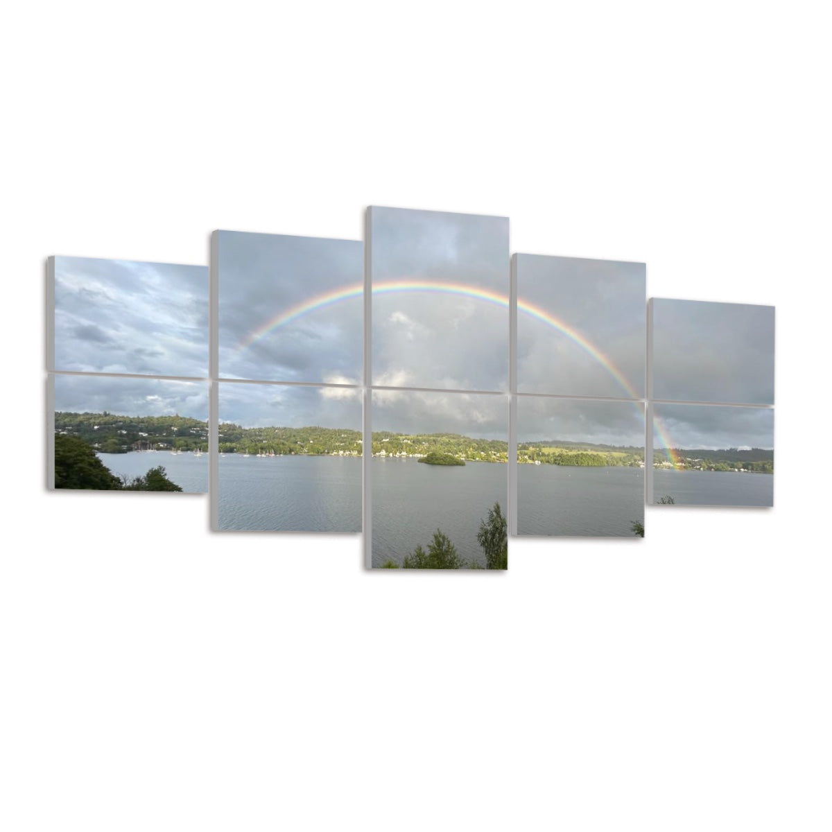 Rainbow Landscape 10 Decorative Sound Absorbing Panels showing lake and island scenery with full rainbow across ten panels