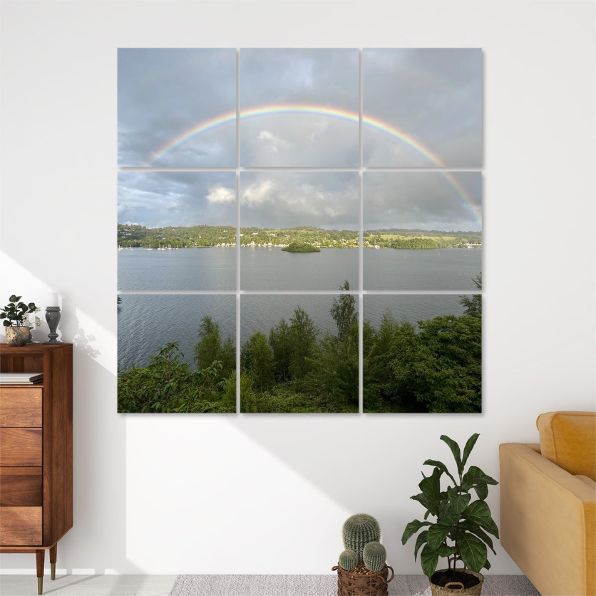 Papis Canvas Rainbow Over Lake 9 Decorative Sound Absorbing Wall Panels showing a rainbow over a lake with trees in a living room