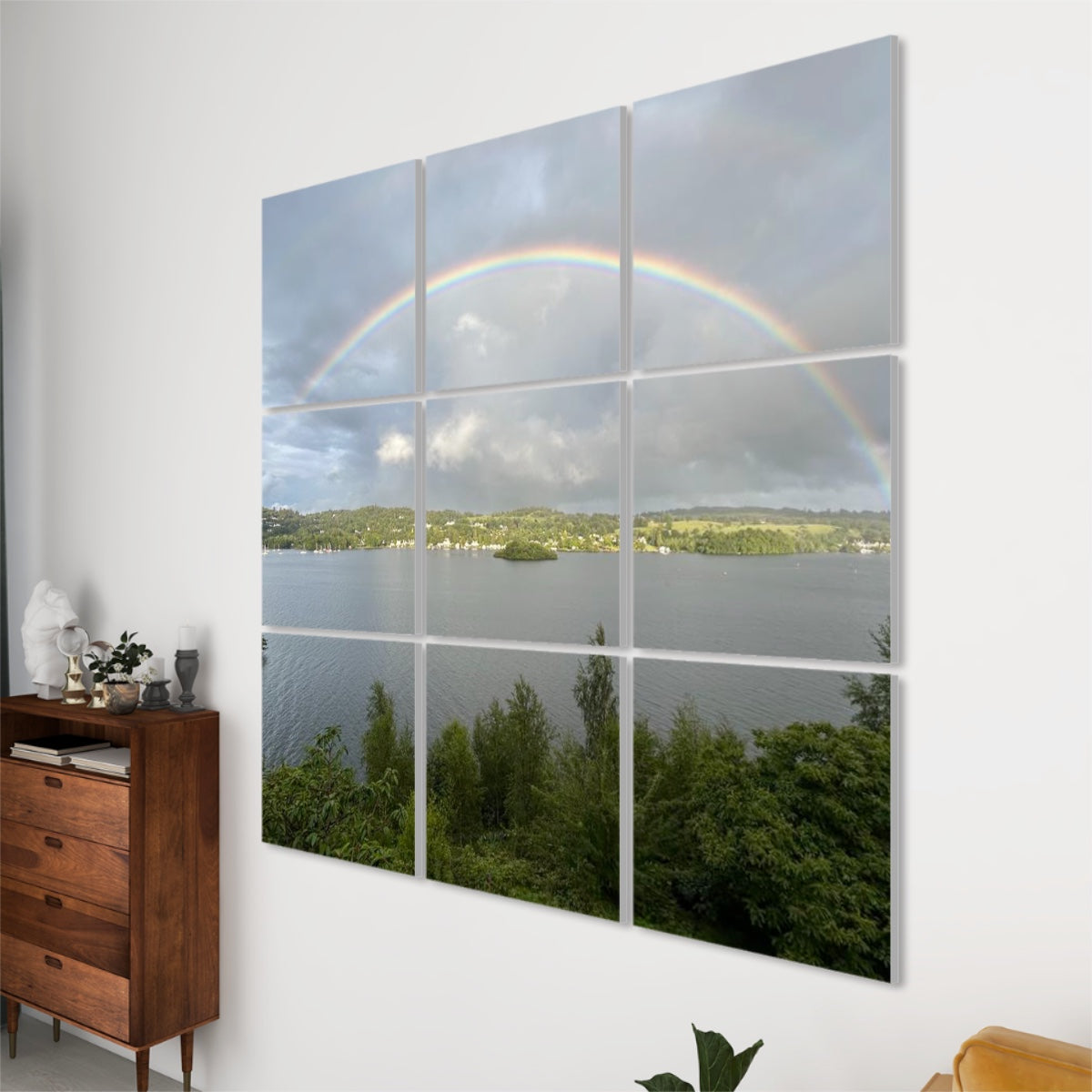 Rainbow Over Lake 9 Decorative Sound Absorbing Wall Panels 3x3 photographic lake rainbow acoustic panels