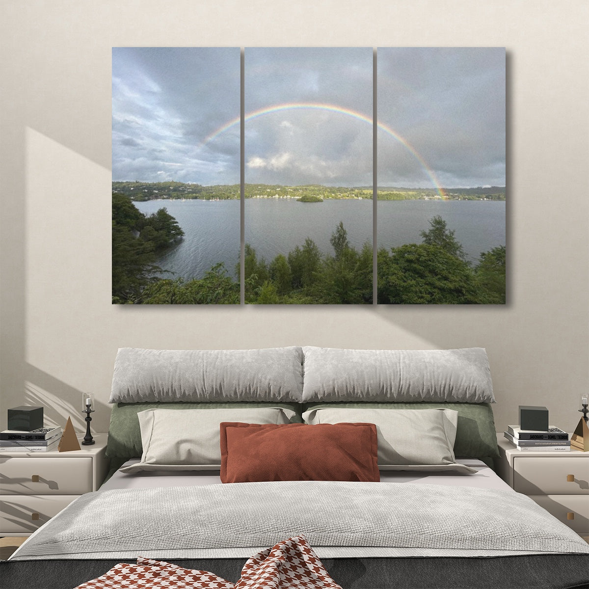 Papis Canvas Rainbow Over Water 3 Decorative Sound Absorbing Wall Panels triptych above bed showing lake rainbow