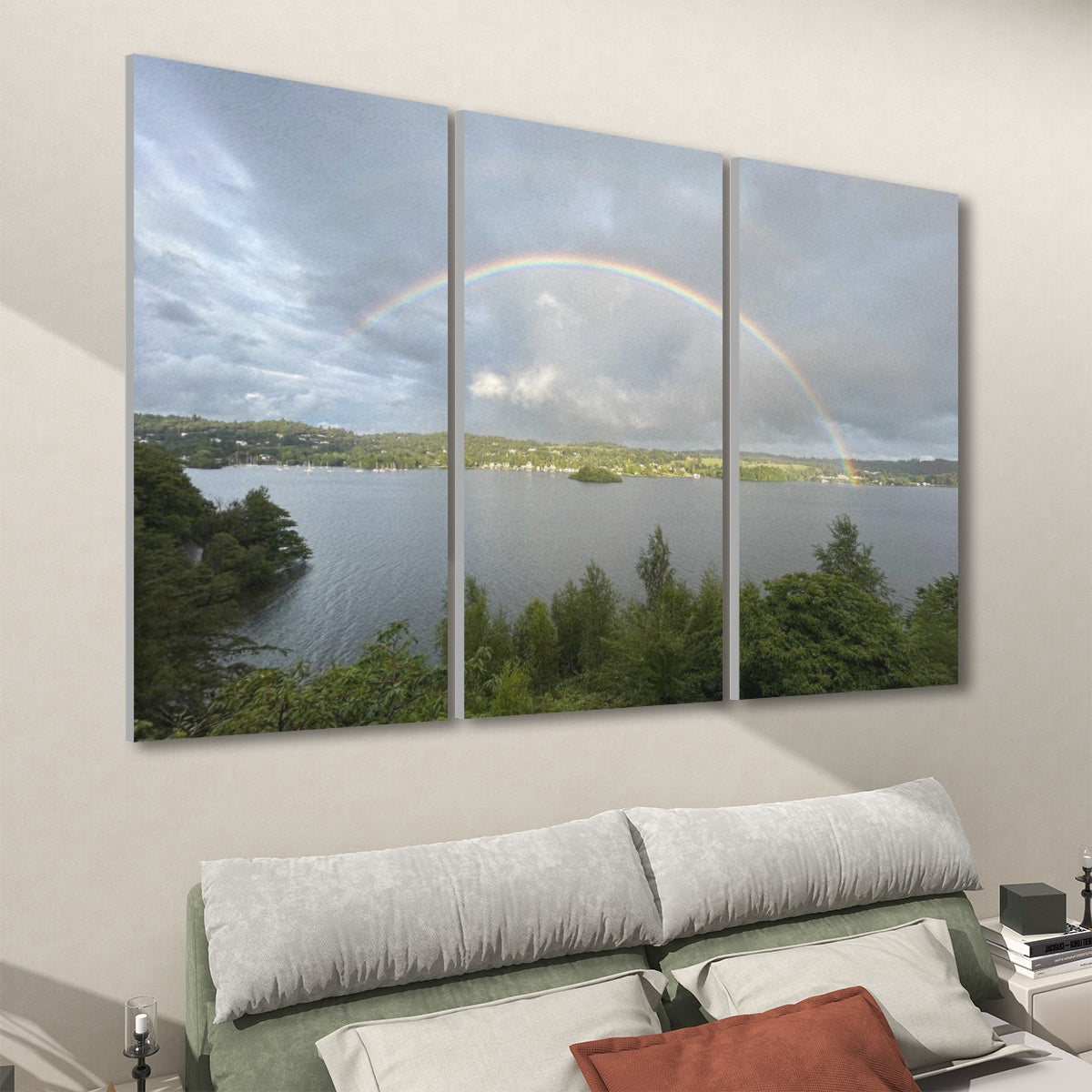 Rainbow Over Water 3 Decorative Sound Absorbing Wall Panels triptych showing lake rainbow and trees above living room sofa