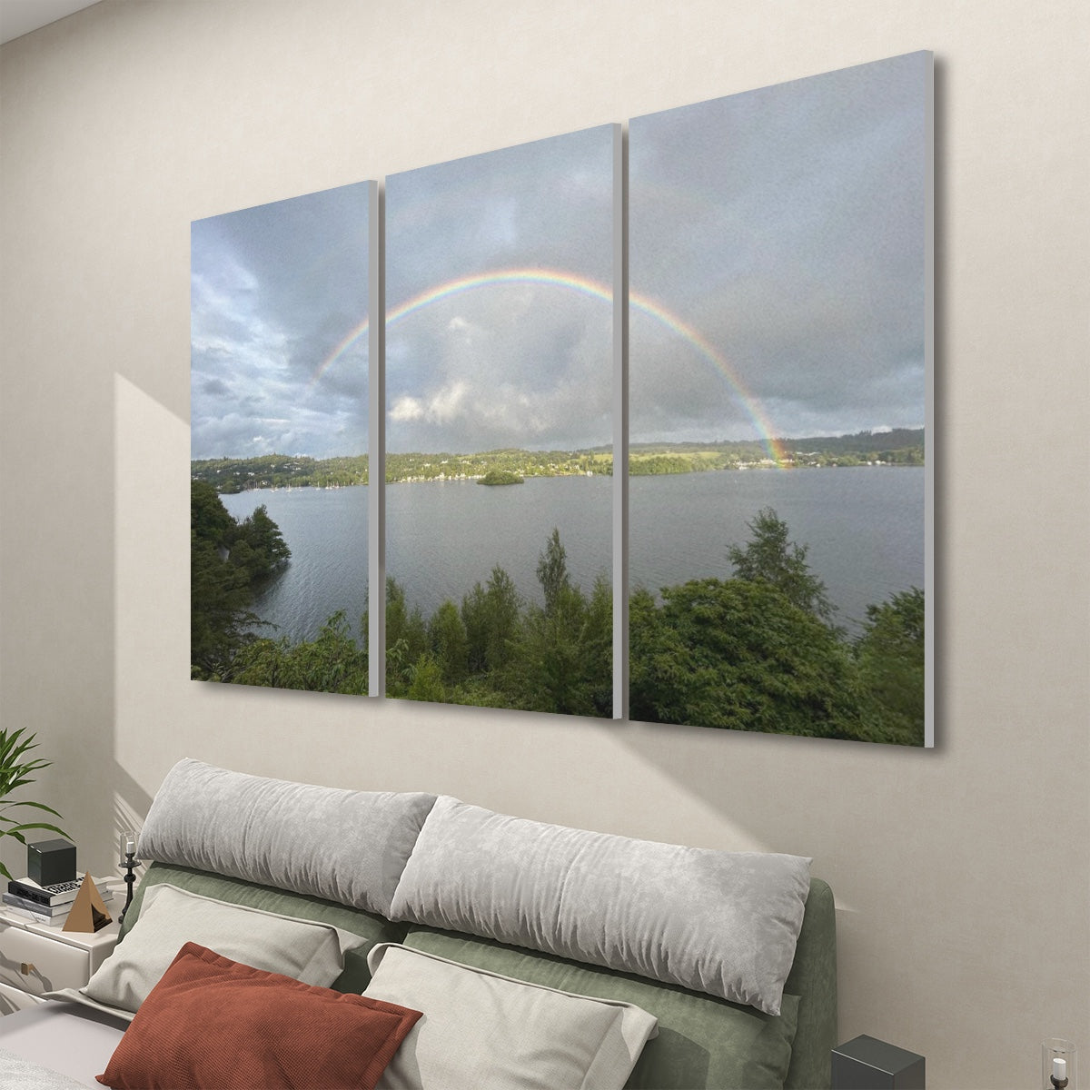 Rainbow Over Water 3 Decorative Sound Absorbing Wall Panels triptych above sofa showing rainbow over lake landscape with greenery