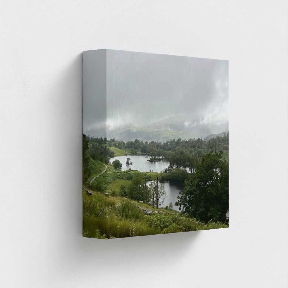 Recycled Canvas Wall Art Tarn Hows Lake District Landscape showing mist drifting over twin tarns from an elevated square crop rich in deep greens.