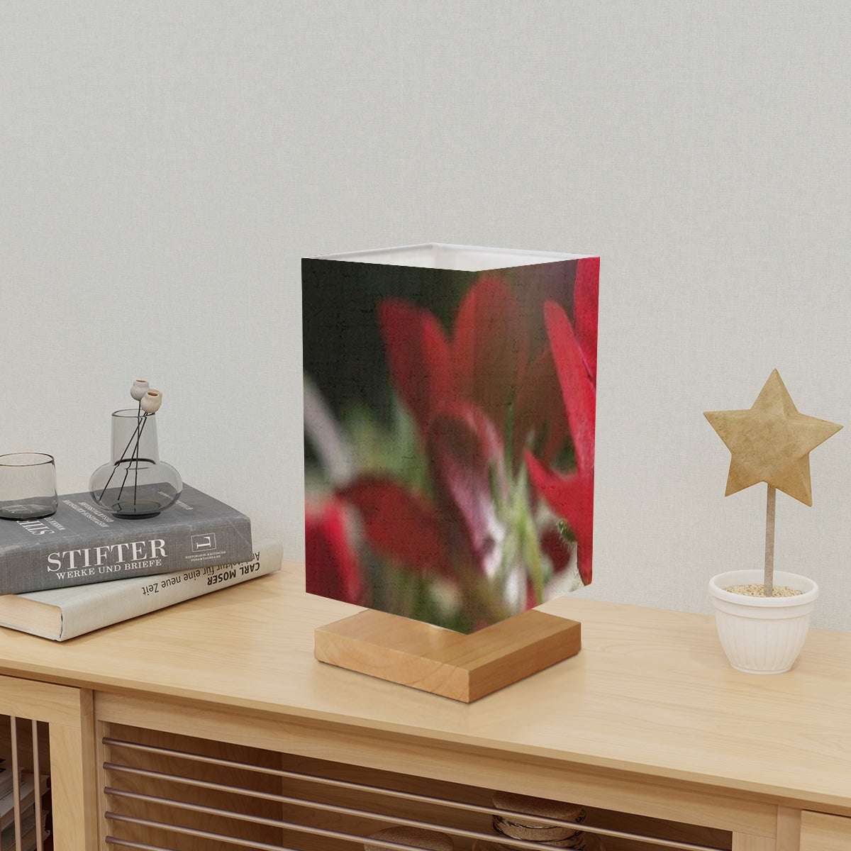 Square Table Lamp featuring red flower close up photo graph size: 5.5''x5.5''x11''