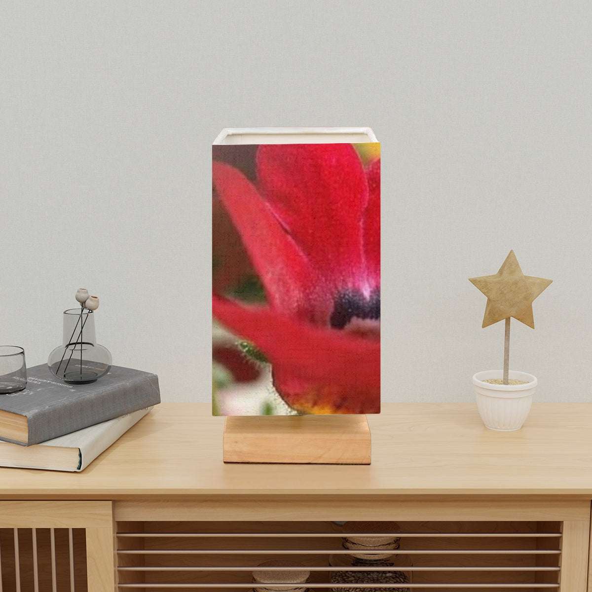 Square Table Lamp featuring red flower close up photo graph size: 5.5''x5.5''x11''