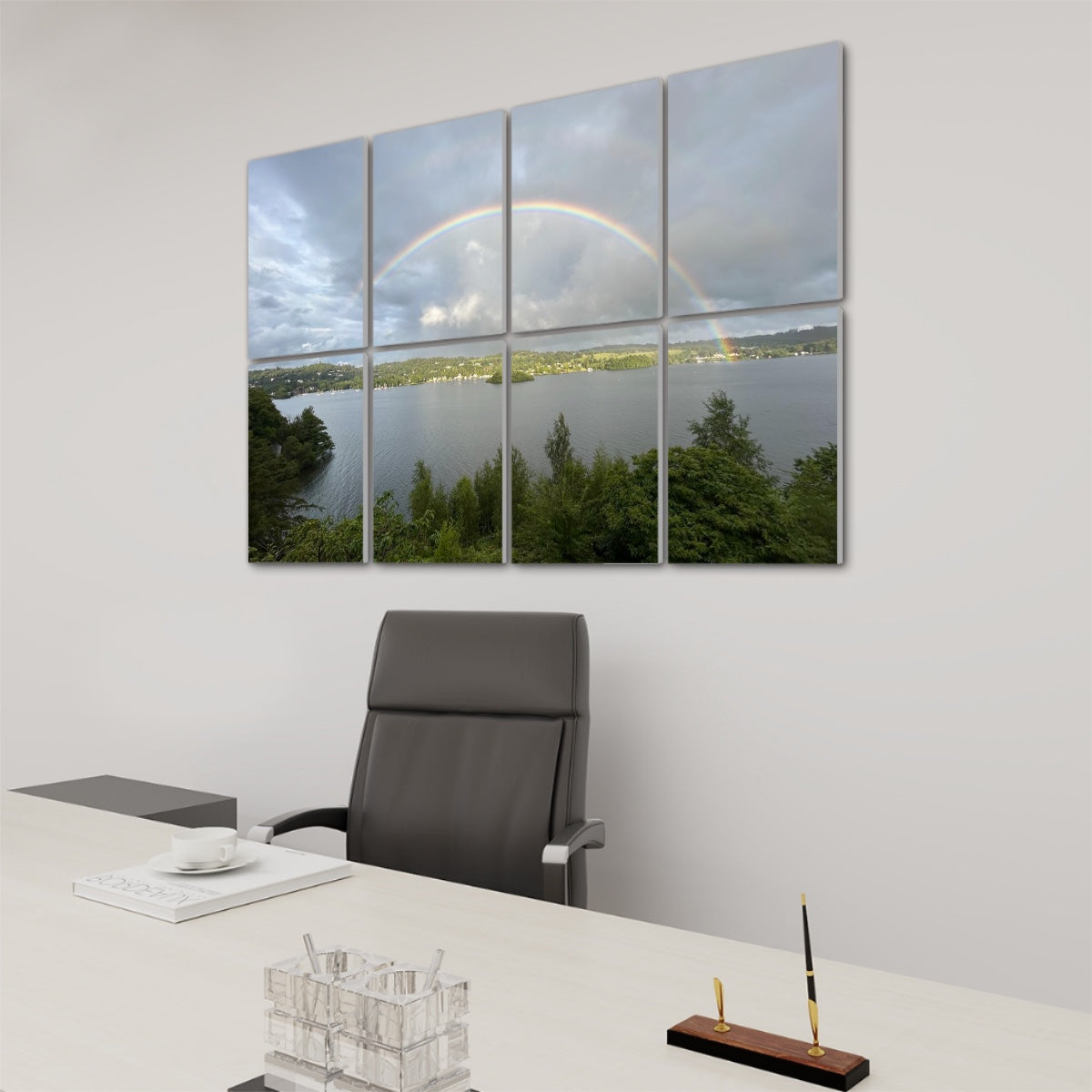 8 Decorative Sound Absorbing Panels Featuring Scenic Rainbow Lake View. Wall mounted acoustic panels above office desk with chair