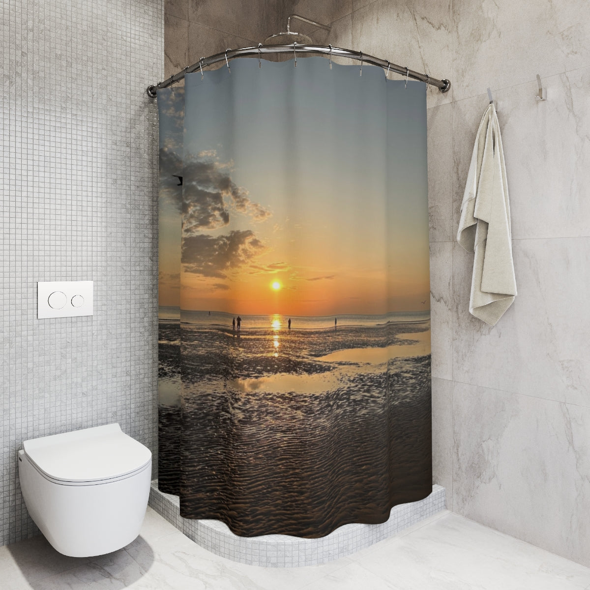 Bathroom with overhead lighting, curtain depicting a golden sunset at Blackpool beach with tidal reflections on wet sand