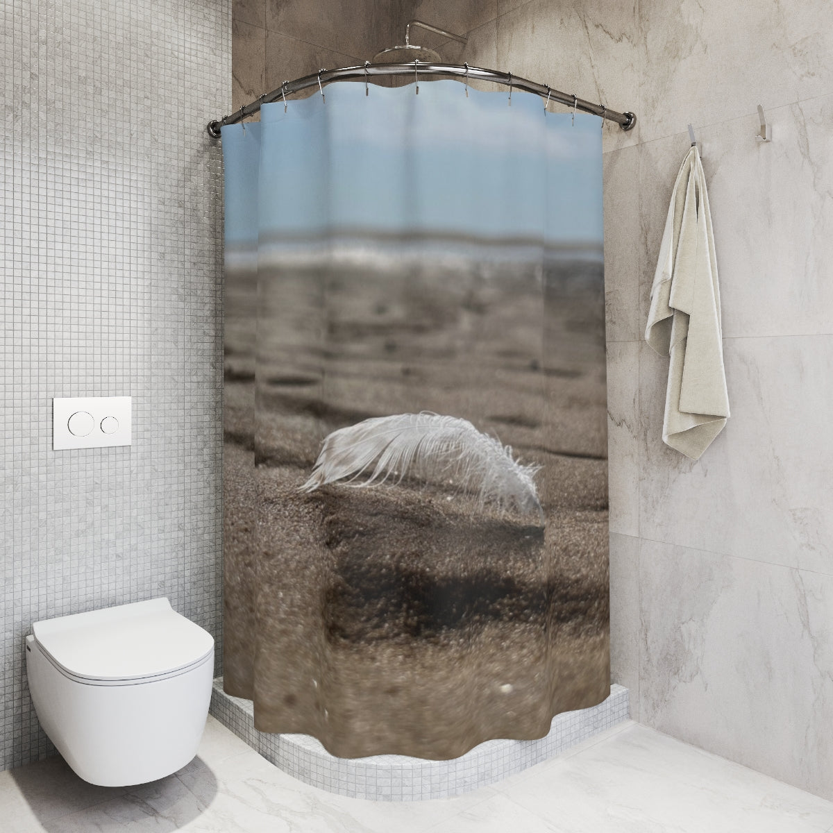 Tiled shower stall with curtain illustrating a delicate feather on sandy beach under a soft blue sky