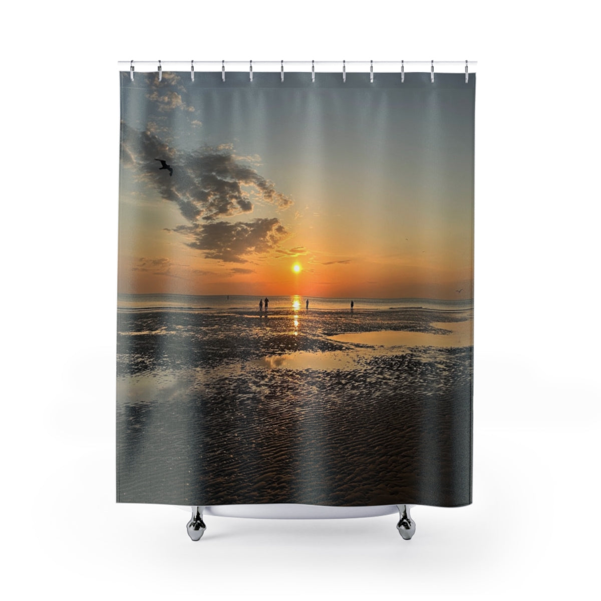 Scenic Blackpool Seafront shower curtain showing full view of vibrant sunset over wet sand and distant figures on the horizon