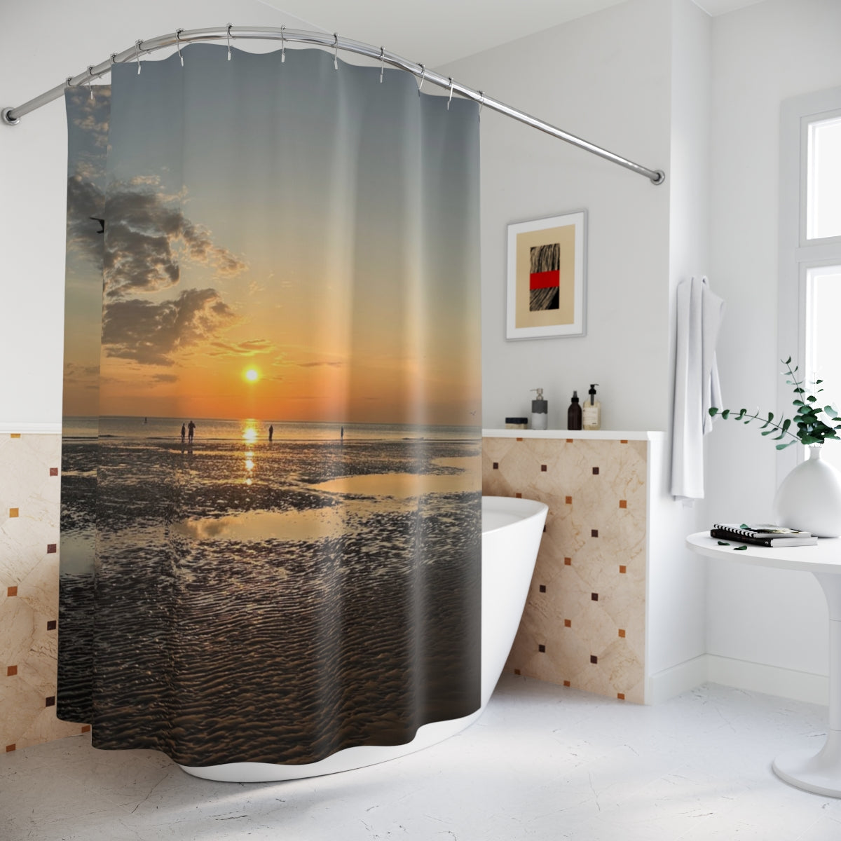 Scenic Blackpool Seafront curtain on a curved rod, covering a tub with sunset horizon and silhouetted figures
