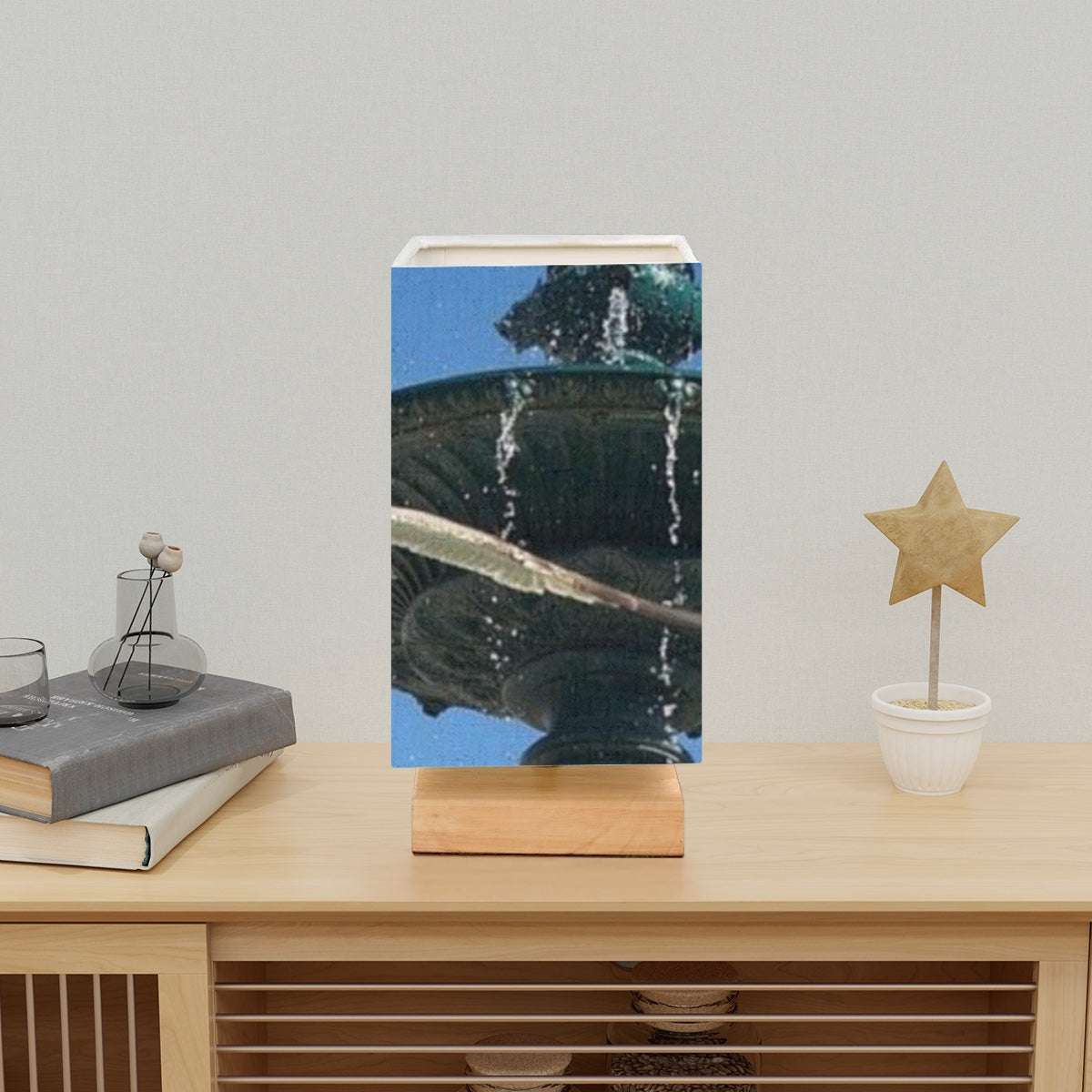 Square Table Lamp featuring picture of seagull in flight with fountain in Lisbon in the background blue sky size: 5.5''x5.5''x11'