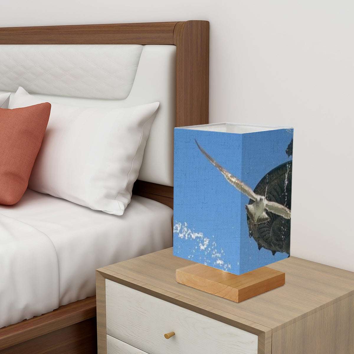 Square Table Lamp featuring picture of seagull in flight with fountain in Lisbon in the background blue sky size: 5.5''x5.5''x11'