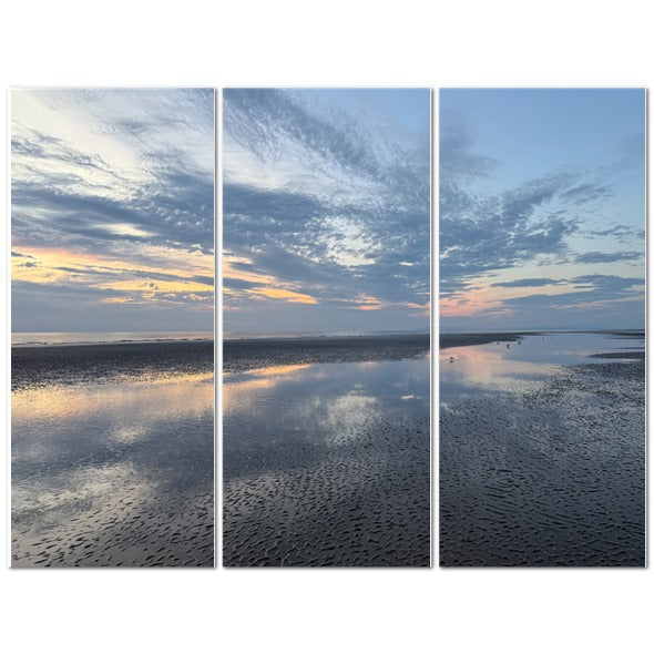 Made in UK Triptych Canvas featuring Clouds Reflection in Blackpool at Sunset. Three panel beach reflection art