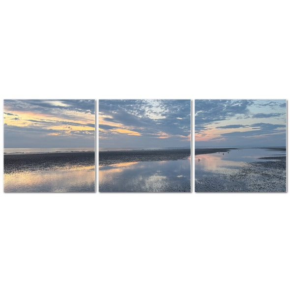 Made in UK Triptych Canvas featuring Clouds Reflection in Blackpool at Sunset. Three panel beach panorama with pastel reflections